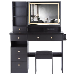 English Elm 41" Large Vanity Table Set With Cushioned Stool, Led Mirror, Power Station, And Stylish Design Features W936P230829