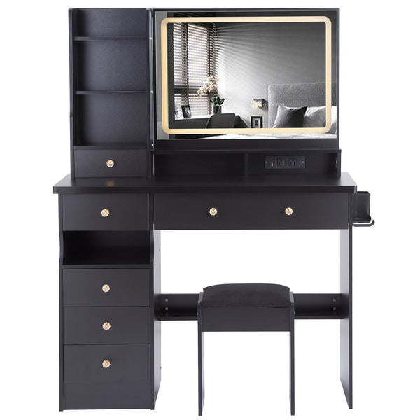 English Elm 41" Large Vanity Table Set With Cushioned Stool, Led Mirror, Power Station, And Stylish Design Features W936P230829