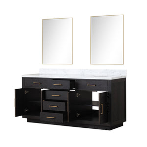 English Elm Black Oak Double Bath Vanity 72” W X 22” D With Luxurious Carrara Marble Top & Frameless Mirrors B2731S02140