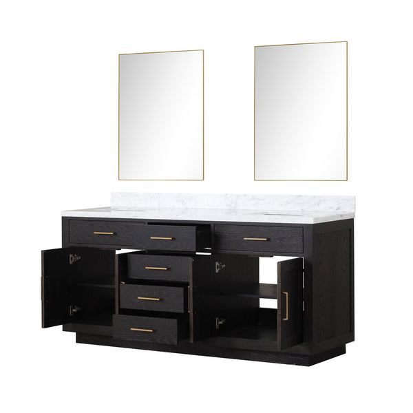 English Elm Black Oak Double Bath Vanity 72” W X 22” D With Luxurious Carrara Marble Top & Frameless Mirrors B2731S02140