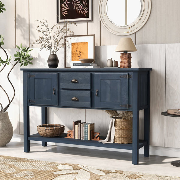 English Elm 46'' Solid Pine Retro Buffet Server with Iron Hardware Drawers Cabinets and Open Shelf Navy Blue W1202P457252