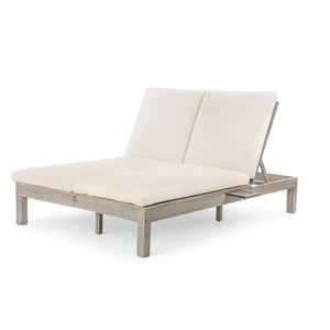 English Elm Trexm Acacia Wood Double Chaise Lounge Outdoor with Folding Trays and Foam Cushions TM000015AAE