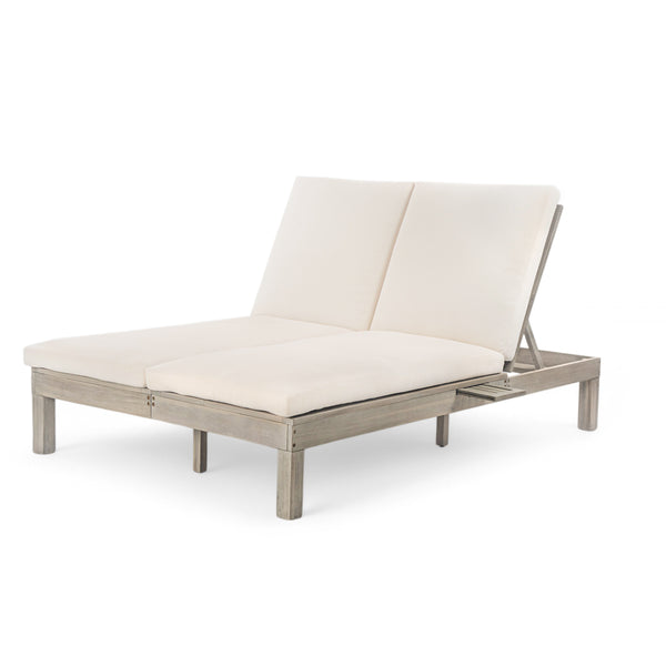 English Elm Trexm Acacia Wood Double Chaise Lounge Outdoor with Folding Trays and Foam Cushions TM000015AAE