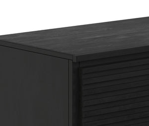 English Elm 74 Inch Three Door TV Stand for TVs up to 85" — Black Poplar & Okume Veneer Console, Cable Management, Fully Assembled, Modern Storage B108P255348