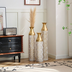 English Elm Mother's Gilded White 3D Relief Flower Metal Vase Set - Elegant Tall Cylinder Décor Trio, Gold Embossed Finish W2796P277632