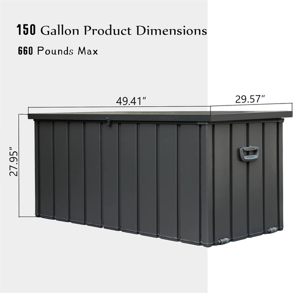 English Elm 150 Gallon Waterproof Deck Box with Rollers & Handles, Lockable Outdoor Steel Storage for Cushions, Tools and Patio Supplies W1859131833