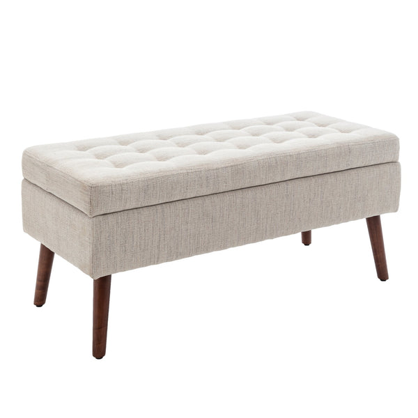 English Elm Storage Bench Upholstered Linen Entryway Ottoman with 300 lb Capacity, Hidden 7.8" Storage, Solid Wood Legs Off White W2200P152169