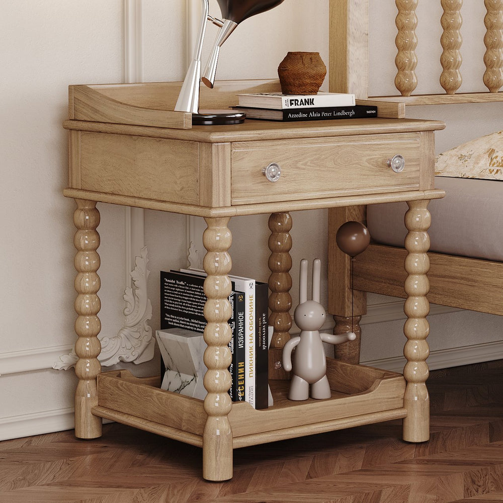 English Elm Retro Bedside Nightstand with Turned Rubberwood Legs Open Shelf and Drawer Storage Natural N733P206240M