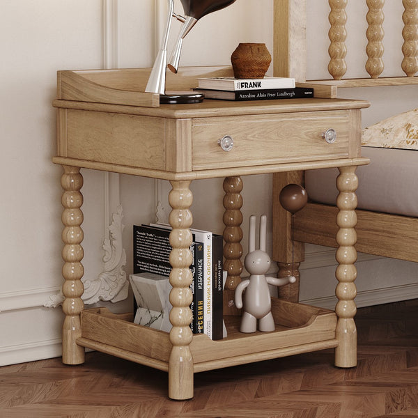 English Elm Retro Bedside Nightstand with Turned Rubberwood Legs Open Shelf and Drawer Storage Natural N733P206240M