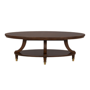 English Elm Modern Oval Cocktail Table with Dark Wood Finish, Gold-Capped Legs & Poplar Burl Trim for Living Rooms Cherry 31 L x 55 W x 7 H B2741P392075