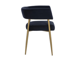 Sunpan Maestro Contemporary Dining Armchair with Curved Frame and Antique Brass Legs for Elegant Dining Abbington Navy