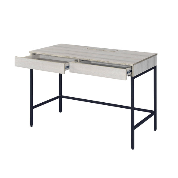 English Elm Wendral Modern Natural & Black Writing Desk with 2 Drawers, USB Power Dock, Metal Legs, 40" Knee Space B2726P366851