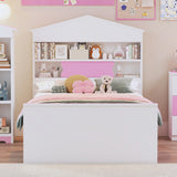 English Elm Twin Size House-Shaped Wooden Bed With Storage Shelf On The Headboard, Built-In Two Storage Drawers, Pink