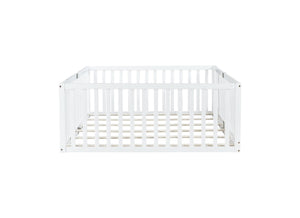 English Elm Twin Floor Bed Solid Rubber Wood with Tall Safety Railings for Toddler Sleep White W504P287658