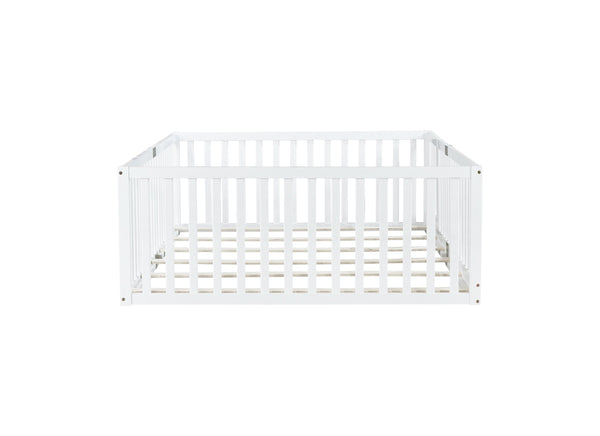 English Elm Twin Floor Bed Solid Rubber Wood with Tall Safety Railings for Toddler Sleep White W504P287658