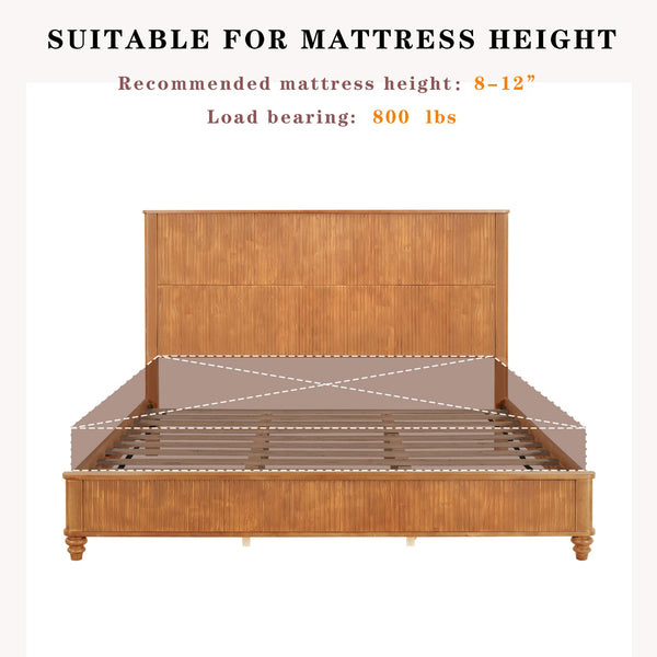 English Elm Solid Rubberwood Queen Platform Bed Tall Headboard Vertical Grain No Box Spring W5819S00003