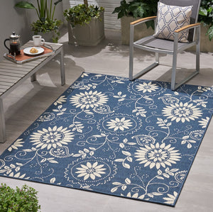 Christopher Knight Home® - Noble House - Wildflower Outdoor 5'3" X 7' Botanical Area Rug, Blue and Ivory