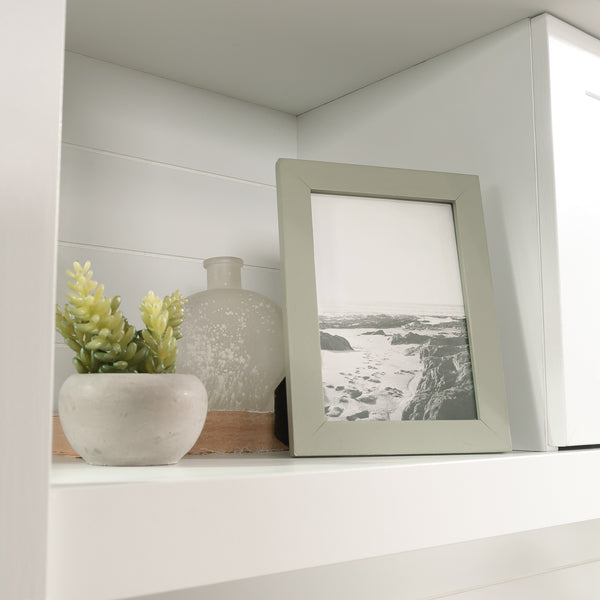 English Elm Hutch, White finish - Compact Engineered Wood Storage with Double-Door Cabinet, Open Shelves, Bead Board Detailing B356P367847