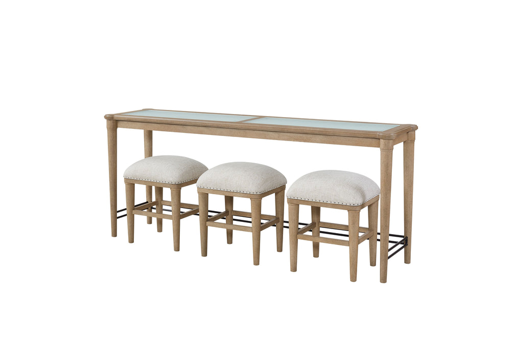 English Elm Frosted Sand Console Table Set with 3 Stools — Transitional Solid Wood, Frosted Glass Top, Durable MDF Appeal B2699P218293