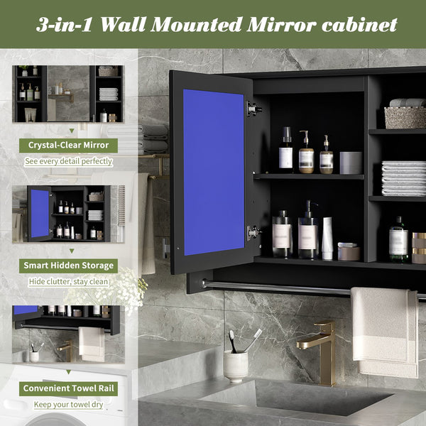English Elm 3-in-1 Wall Mounted Medicine Cabinet with Soft Close Door Towel Bar and Vanity Mirror Black N710P358618B