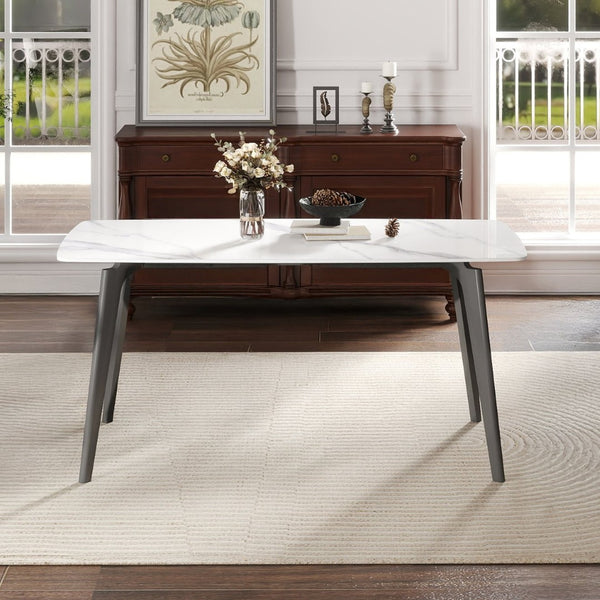 English Elm 62.99" Modern Artificial Stone Dining Table With Curved Edges & Dark Grey Metal Legs For 6 People P2 W1535S00524-GIGA