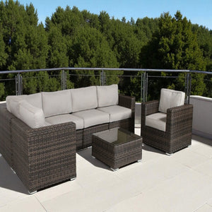 English Elm 5-Person Wicker Patio Set with Cushions Fully Assembled — 7-Piece Weatherproof Aluminum Sofa Set, Plush 5" Cushions Grey B120S00107