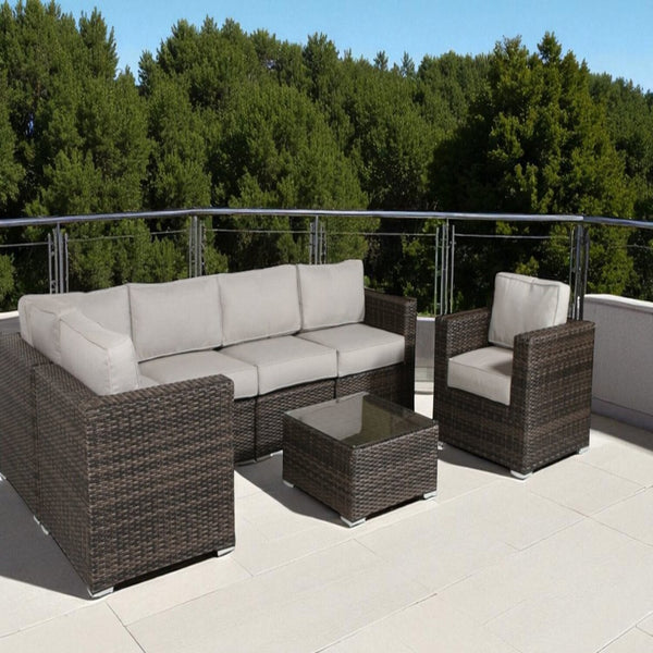 English Elm 5-Person Wicker Patio Set with Cushions Fully Assembled — 7-Piece Weatherproof Aluminum Sofa Set, Plush 5" Cushions Grey B120S00107