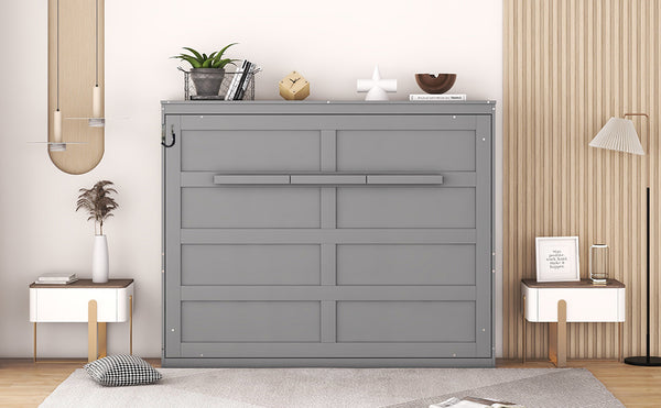 English Elm Full Size Murphy Wall Bed with Cabinet Dual Piston Folding Mechanism for Studio Spaces Gray LP000664AAE-2