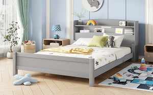 English Elm Full Pine Wood Bed with Bookcase Headboard and LED Motion Sensor Light, Guardrails & Storage Space Grey W504P277598