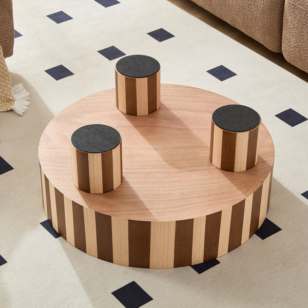 English Elm Round Red Oak Veneer Coffee Table Low Profile Two Tone Striped Modern Living Room Natural,Walnut W2085P384773