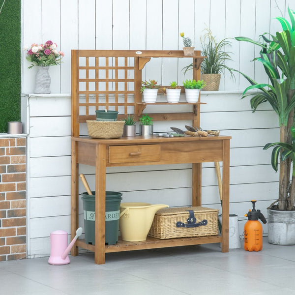 English Elm Outsunny Versatile Wooden Potting Bench With Shelves & Trellis, Perfect Outdoor Garden Workstation W2225P217252-GIGA