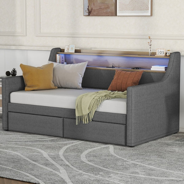 English Elm Twin Size Daybed With Built-In Storage, Charging Station & Led Lights - Stylish Gray Upholstered Design W1580S00060-GIGA