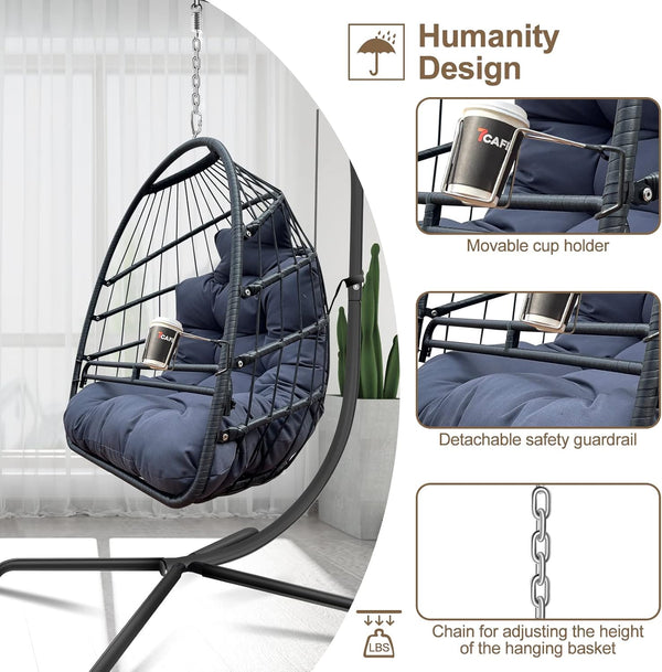 English Elm Swing Egg Chair with Stand - Foldable Wicker Rattan Hanging Basket, Safety Guardrail & Cup Holder Black W2707P184391
