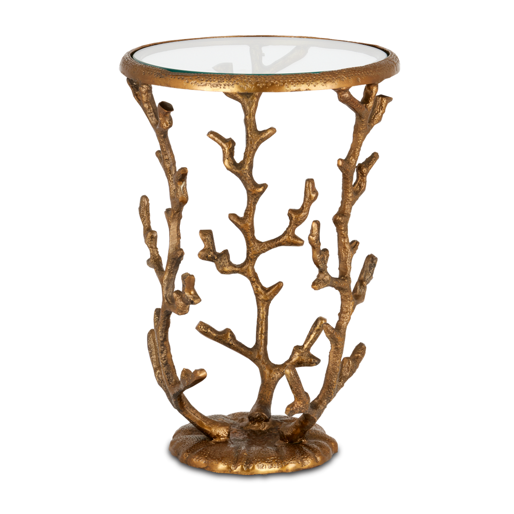 Coral Brass Accent Table - Artistic Coastal Design with Antique Finish & Removable Glass Top, 21" High