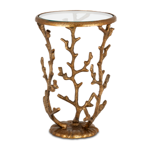 Coral Brass Accent Table - Artistic Coastal Design with Antique Finish & Removable Glass Top, 21" High