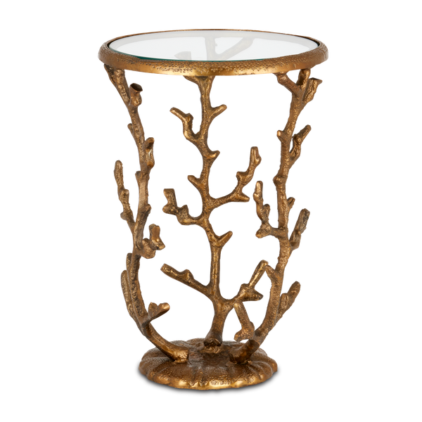 Coral Brass Accent Table - Artistic Coastal Design with Antique Finish & Removable Glass Top, 21" High
