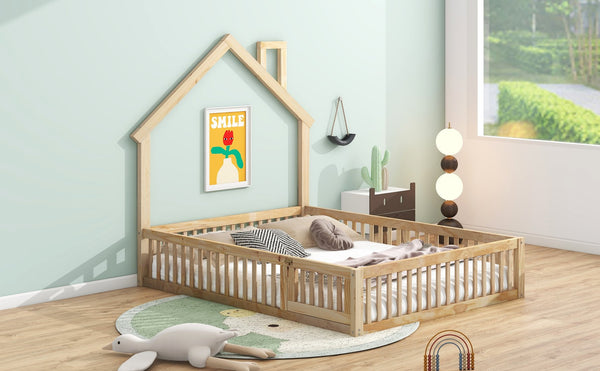 English Elm Wood House Platform Bed Full Size with Guardrail & Playful Frame, Sturdy Pine, Kid-Safe Design Natural N709P171852M
