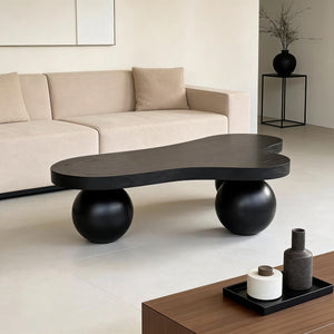 English Elm 46 Inch Cloud Shaped Coffee Table with Ash Veneer Top and Sculptural Sphere Legs Black W3935S00006
