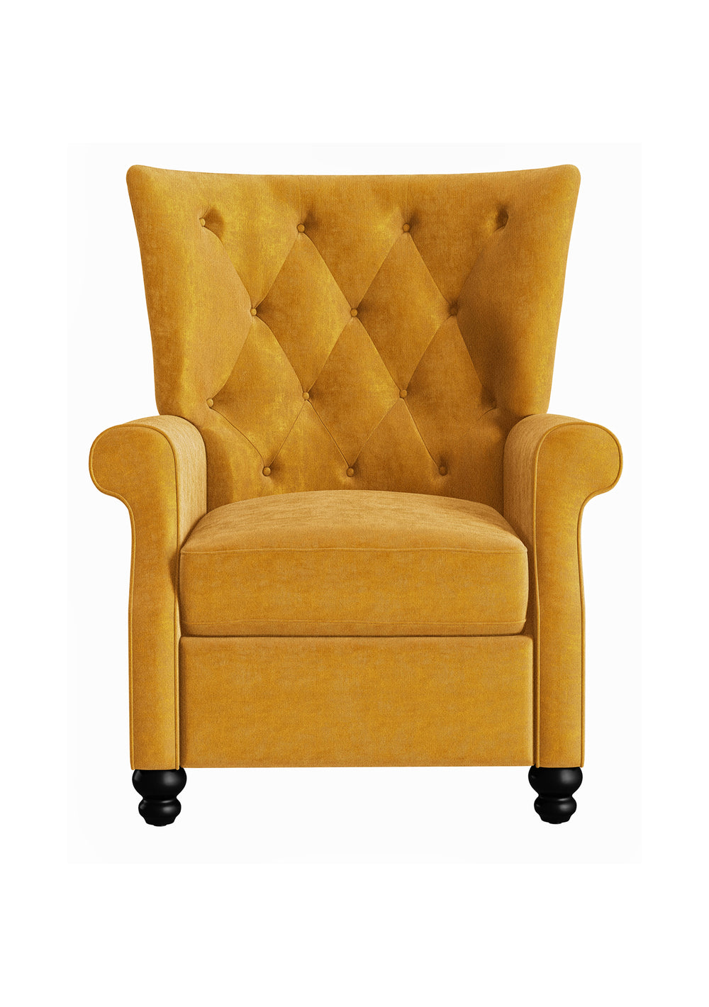The Canary Prolounger Push Back Recliner In Mustard Yellow Velvet — Tufted Roll Arms, Espresso Legs, Cozy Support