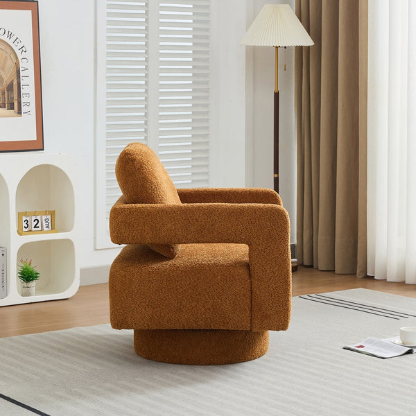 English Elm 29.13" Swivel Accent Chair — Modern Bouclé Rotating Lounge Chair with Removable Cushion, Solid Wood Frame, Cozy Design Caramel W1852P211990