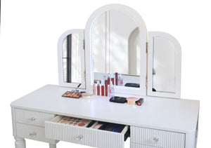 English Elm AGODY Mirrored Vanity with LED Light and Solid Rubber Wood Frame, Skin-Friendly PU Seat for Bedroom Antique White W2170P208420