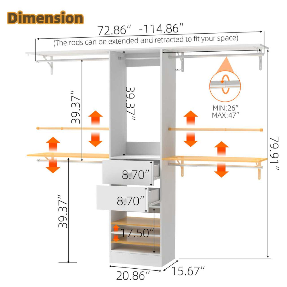 English Elm Closet Organizer System Wall Mounted Walk-in with Drawers and Expandable Hanging Rods B2770P495134
