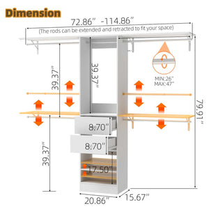 English Elm Closet Organizer System Wall Mounted Walk-in with Drawers and Expandable Hanging Rods B2770P495134
