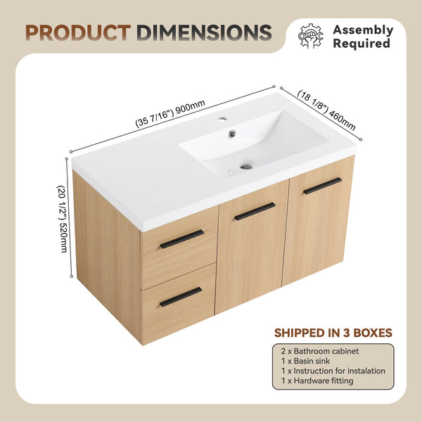 English Elm 36" Floating Bathroom Vanity Light Oak Gel Coat Sink Modular Storage Cabinet W3450S00084