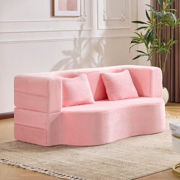 English Elm 71-inch plush folding sofa bed with high-density foam, faux fur futon convertible for guests and yoga Pink W1829P362300