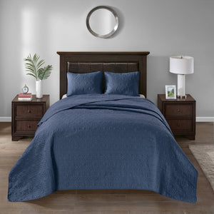 JLA Home Madison Park - 3 Reversible Bedspread Set with Quilted Stitch Texture, Oversized Cotton Fill, Antimicrobial Freshness and Cozy Draping Navy MP13-2992