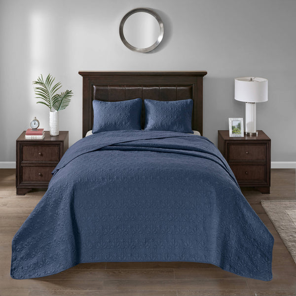 JLA Home Madison Park - 3 Reversible Bedspread Set with Quilted Stitch Texture, Oversized Cotton Fill, Antimicrobial Freshness and Cozy Draping Navy MP13-2992