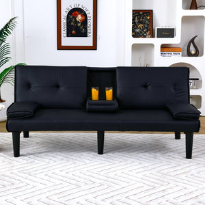 English Elm The 67-inch PVC multi-functional sofa bed with one-click fold, cup holders, sturdy wood frame for apartments Black W3371P318136