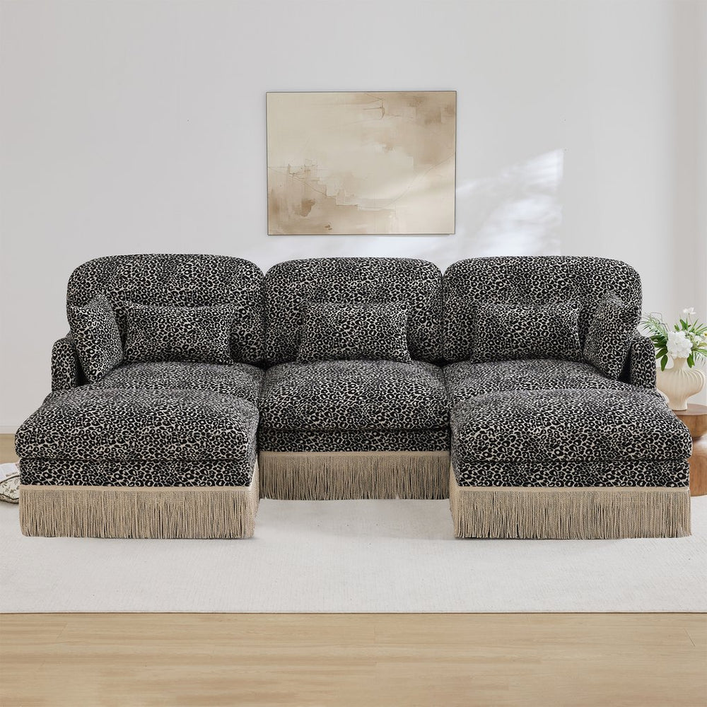 English Elm 100"comfy Chenille Leopard Print U-shaped Sectional with Tassel Trim and Modular Ottomans Khaki W5656S00024