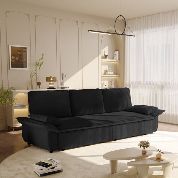 English Elm 94.5" King Convertible Sleeper Sofa Corduroy Upholstered Chaise Lounge Guest Room Bed Black W1885S00404